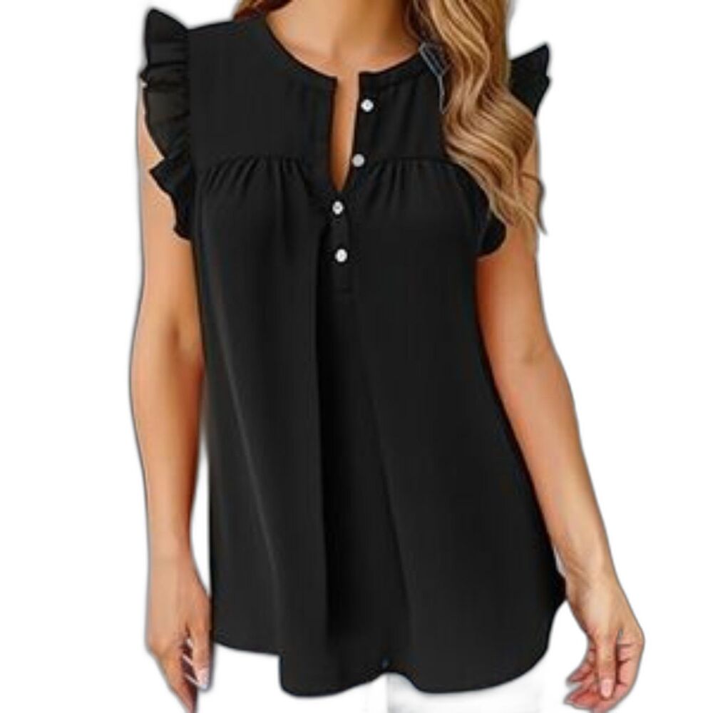 Philosophy Black Ruffle Sleeve Gold Button Chiffon Blouse Size Medium